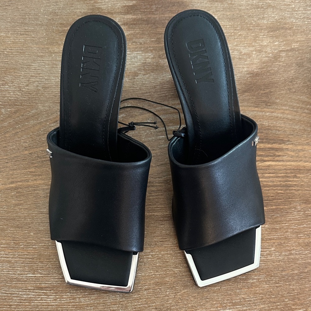 DKNY Black Leather Mules with Silver Accents